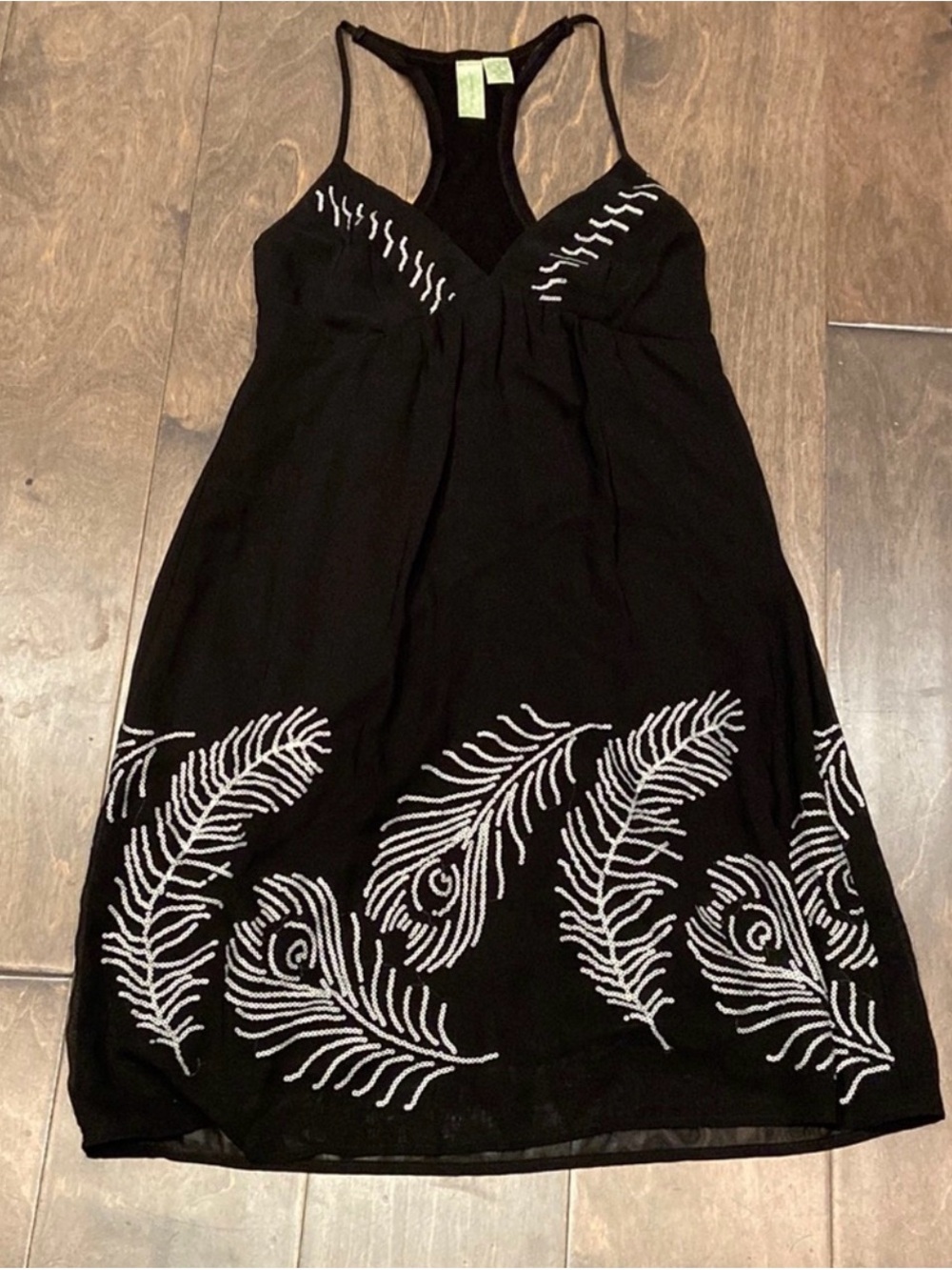 Johnny Martin Black Mini Dress with White Feather Embroidery